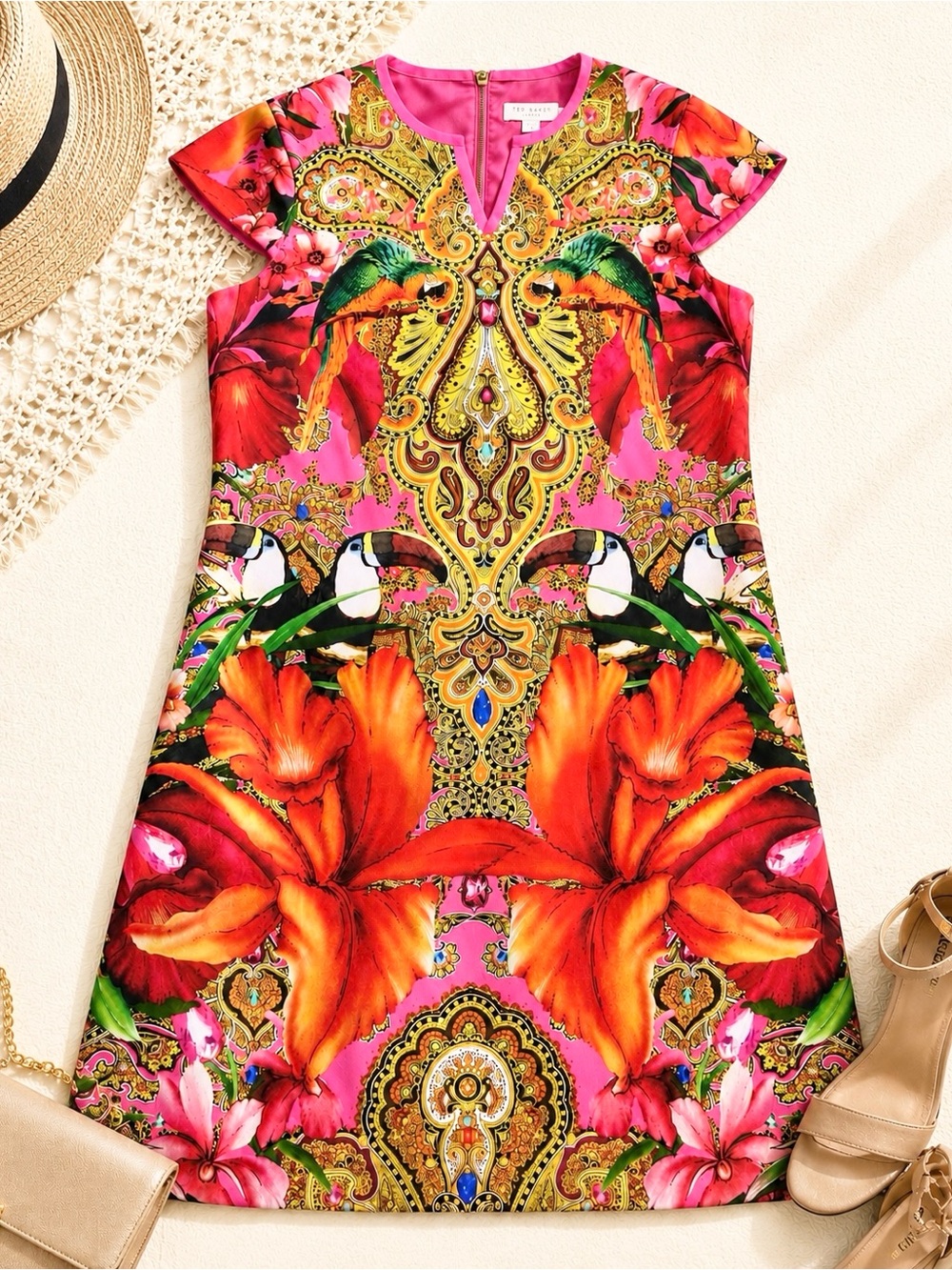 Ted Baker Aalia Tropical Toucan Floral Shift Dress Pink Size 1 US 4-6 NWOT